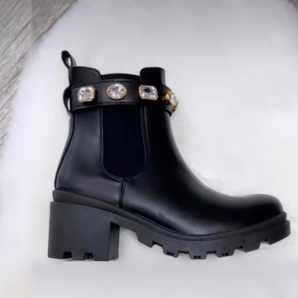 Adjustable Jeweled Ankle Strap Black Chelsea Boot - Picture 5 of 11